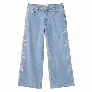 Sale!Y2K Wide Leg Ribbon Bow Embroidered Jeans GOGO Denim Size 7/28 Pink